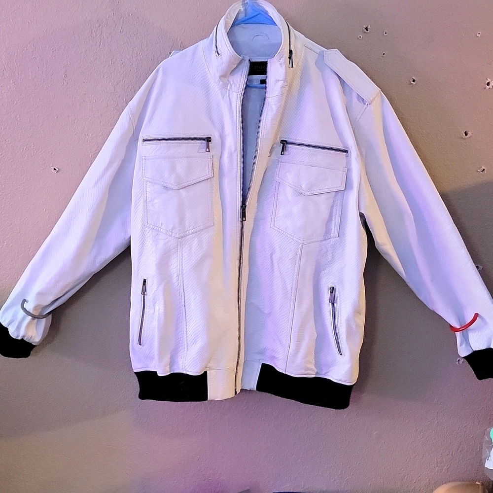 Men's XXL Leather Cult custom made White 100% REAL LEATHER Gator Skin Jacket